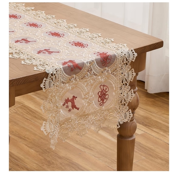 Beige and Red Lace Table Runner 19x74